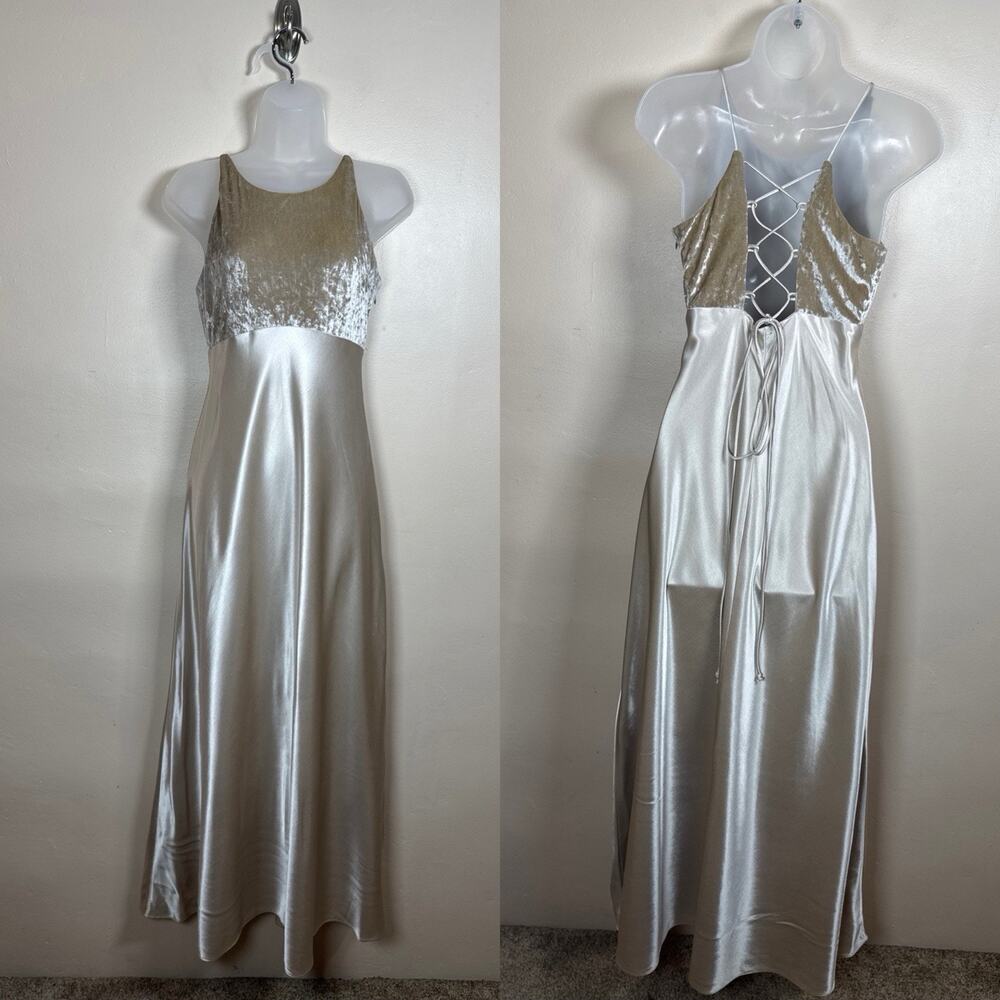 Rhapsody Womens VTG Gown Maxi Dress Y2K 90s Halter Babydoll Velvet 8 Champagne